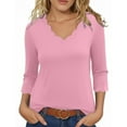 thumbnail image 1 of purcolt Womens 3/4 Length Sleeve Tops Scalloped V Neck Tee Shirts Solid Basic Tops Dressy Casual Work Tunic Blouses(Pink, XL), 1 of 5
