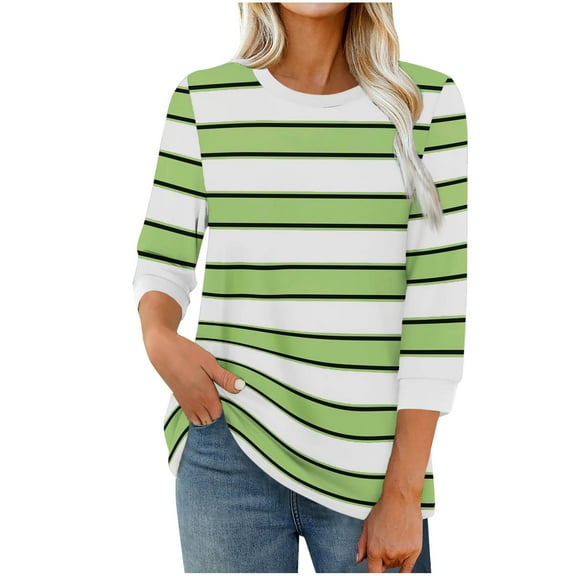 purcolt Womens 3/4 Length Sleeve Tops Striped Color Block T Shirts Casual Crewneck Loose Tunic Tops Basic Tees(Army Green, S)