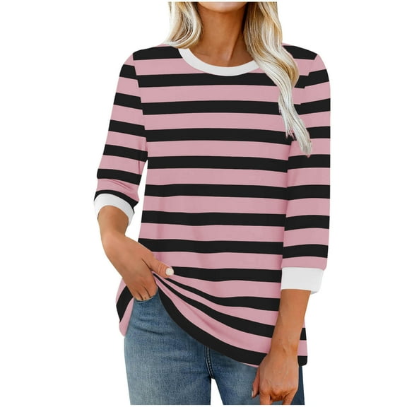 purcolt Womens 3/4 Length Sleeve Tops Striped Color Block T Shirts Casual Crewneck Loose Tunic Tops Basic Tees(Hot Pink, L)