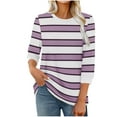 thumbnail image 1 of purcolt Womens 3/4 Length Sleeve Tops Striped Color Block T Shirts Casual Crewneck Loose Tunic Tops Basic Tees(Purple, L), 1 of 5