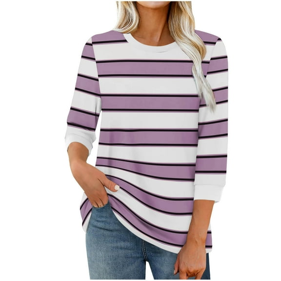 purcolt Womens 3/4 Length Sleeve Tops Striped Color Block T Shirts Casual Crewneck Loose Tunic Tops Basic Tees(Purple, XL)