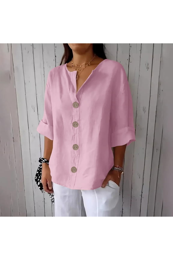 Womens 3/4 Sleeve Linen Shirt Casual Loose Button Down Shirt Vacation Beach Blouses Roll-Up Sleeve Summer Tops