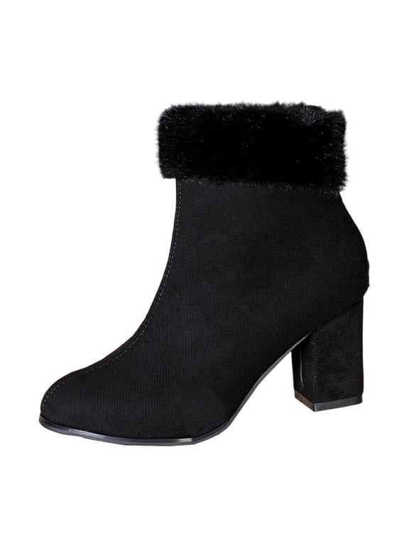 Womens Ankle Booties with Fuzzy Cuff Trim Block Heel Short Boots Round Toe Side Zipper Winter Footwear for Daily and Night Out