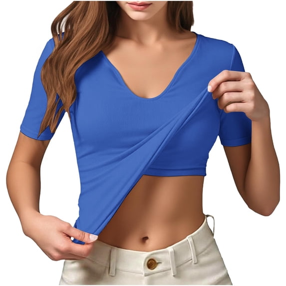 purcolt Womens Built-in Bra Short Sleeve T Shirts Casual Trendy V Neck Slim Fit Crop Tops Summer Basic Tees