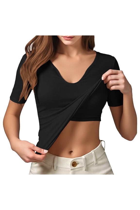 Womens Built-in Bra Short Sleeve T Shirts Casual Trendy V Neck Slim Fit Crop Tops Summer Basic Tees
