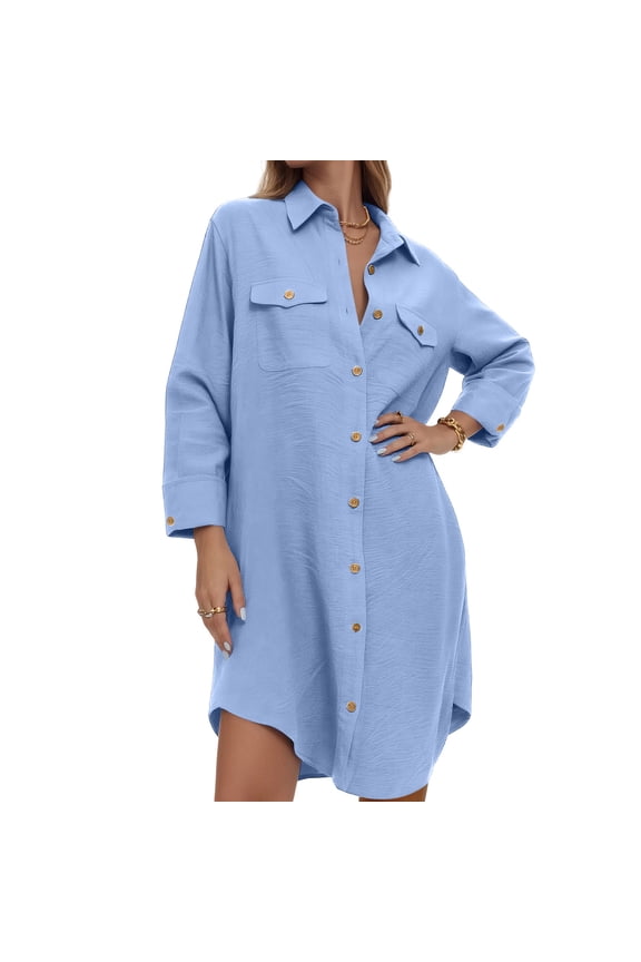 Womens Button Down Shirt Dresses Oversized Collared Long Sleeve Button Up Tunics Solid Blouse Tops with Pockets