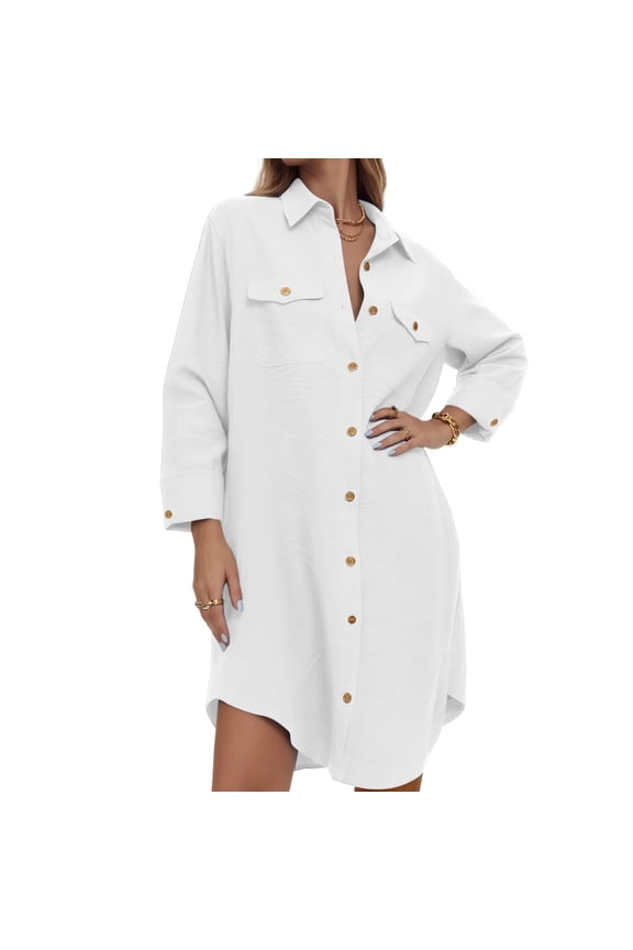 Womens Button Down Shirt Dresses Oversized Collared Long Sleeve Button Up Tunics Solid Blouse Tops with Pockets