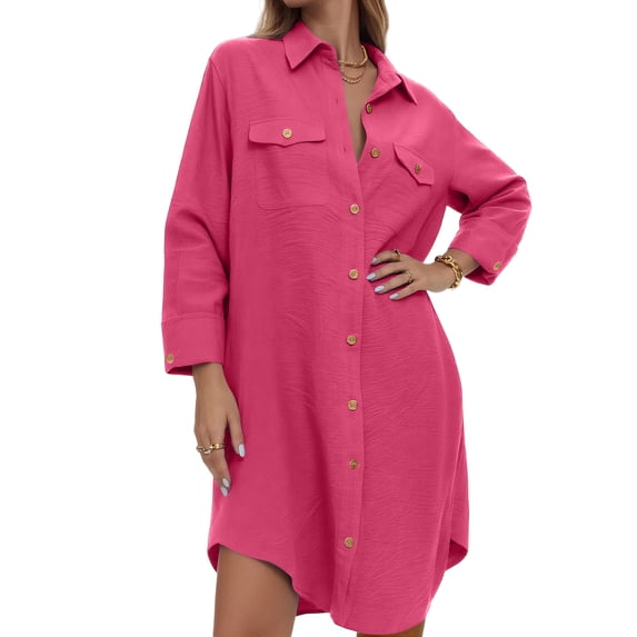 purcolt Womens Button Down Shirt Dresses Oversized Collared Long Sleeve Button Up Tunics Solid Blouse Tops with Pockets