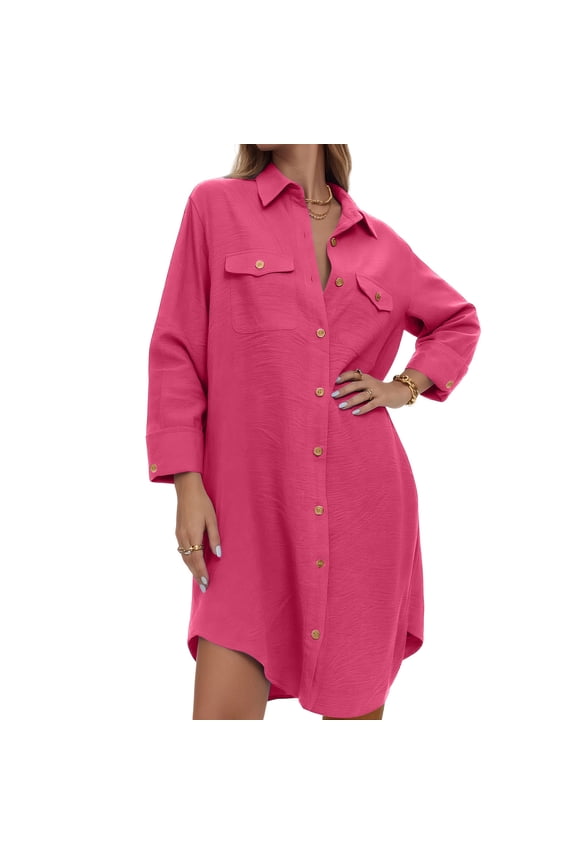 Womens Button Down Shirt Dresses Oversized Collared Long Sleeve Button Up Tunics Solid Blouse Tops with Pockets
