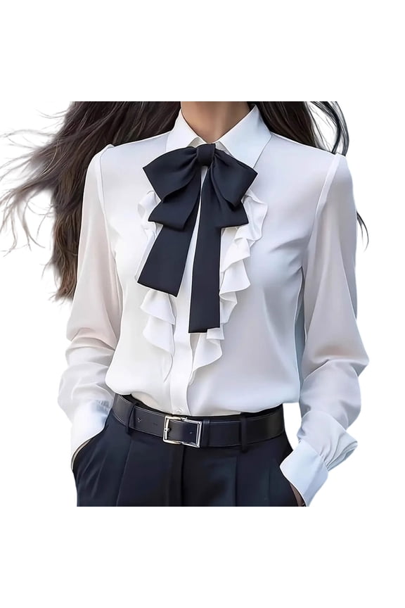 Womens Button Down Shirts Bow Tie Ruffled Collared Long Sleeve ELegant Blouses Casual Business Work Office Tops