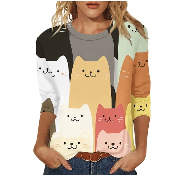 purcolt Womens Casual 3/4 Sleeve Tops Crew Neck T-Shirts Cute Cats Printed Graphic Tee Tops Going Out Tunic Tops