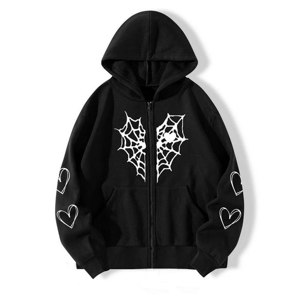 purcolt Womens Casual Oversized Hoodie Halloween Gothic Style Spider Web Printed Long Sleeve Full Zip Up Hoodie Sweatshirt Fall Winter Loose Fit Coat with Pockets