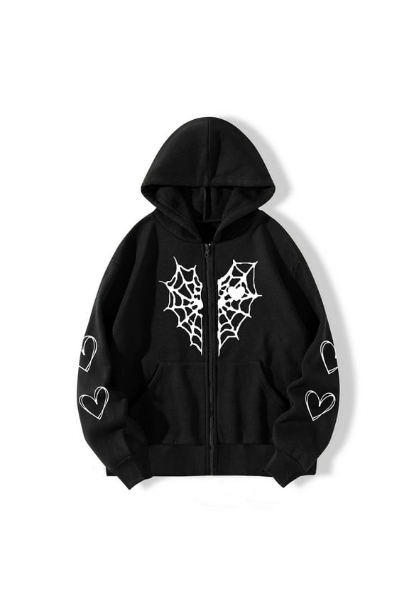 Womens Casual Oversized Hoodie Halloween Gothic Style Spider Web Printed Long Sleeve Full Zip Up Hoodie Sweatshirt Fall Winter Loose Fit Coat with Pockets