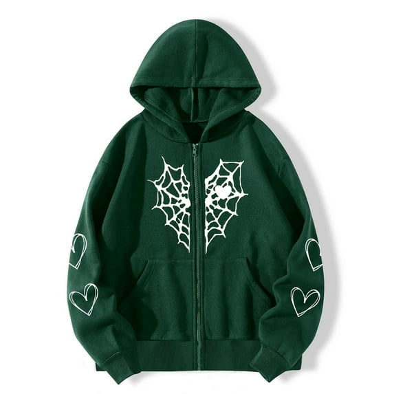 purcolt Womens Casual Oversized Hoodie Halloween Gothic Style Spider Web Printed Long Sleeve Full Zip Up Hoodie Sweatshirt Fall Winter Loose Fit Coat with Pockets