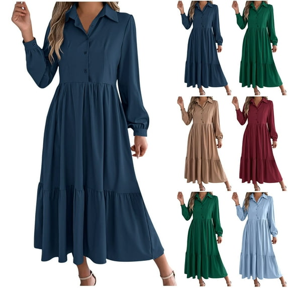 purcolt Womens Casual Shirt Dress V Neck Collared Tiered Ruffles Long Dresses Button Down Long Sleeve Flowy Maxi Dress