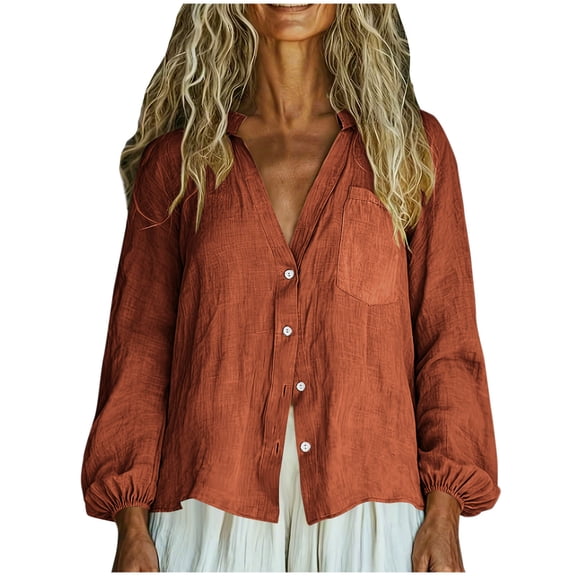 purcolt Womens Cotton Linen Boho Button Down Shirts Puff Long Sleeve Casual V Neck Collared Blouses Summer Beach T Shirts