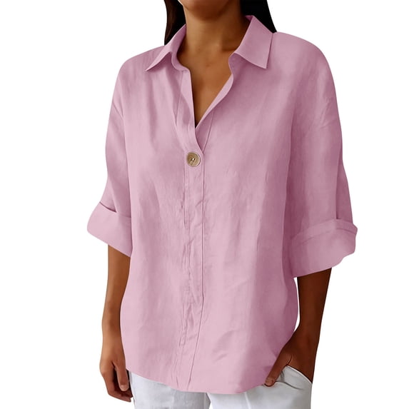 purcolt Womens Cotton Linen Tops Casual 3/4 Length Sleeve Tee Tops One Button Collared Shirt for Work Office Business