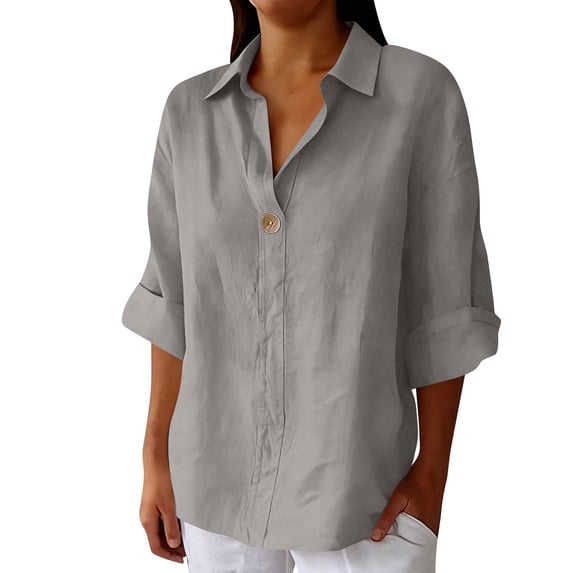 purcolt Womens Cotton Linen Tops Casual 3/4 Length Sleeve Tee Tops One Button Collared Shirt for Work Office Business