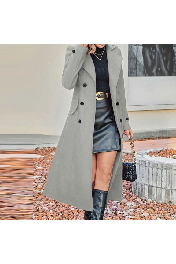 Womens Double Breasted Long Trench Coat Wool Blend Slim Fit Pea Coat Classic Business Casual Overcoat