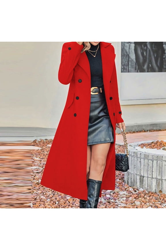 Womens Double Breasted Long Trench Coat Wool Blend Slim Fit Pea Coat Classic Business Casual Overcoat
