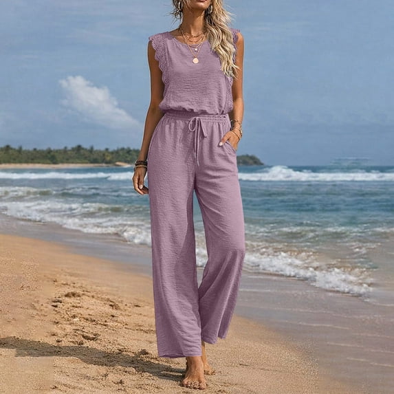 purcolt Womens Dressy Casual Jumpsuits Crewneck Lace Ruffle Sleeveless Drawstring Waist Wide Leg Rompers with Pockets