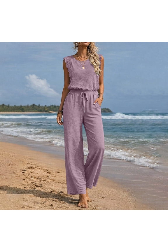 Womens Dressy Casual Jumpsuits Crewneck Lace Ruffle Sleeveless Drawstring Waist Wide Leg Rompers with Pockets