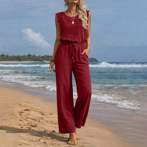 purcolt Womens Dressy Casual Jumpsuits Crewneck Lace Ruffle Sleeveless Drawstring Waist Wide Leg Rompers with Pockets