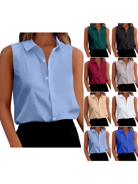 Womens Dressy Tank Tops Button Down Sleeveless Collared Shirts Work Office Business Casual Blouses