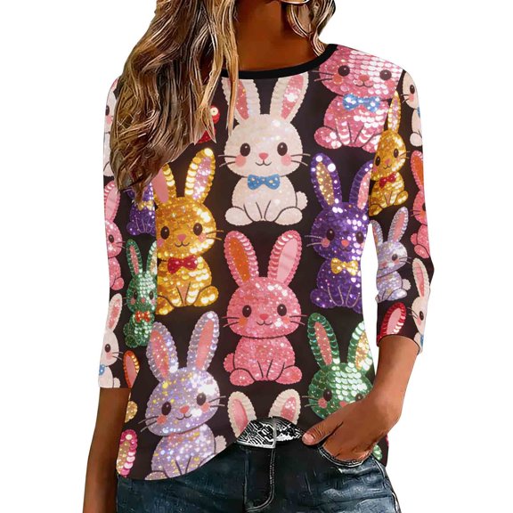 Purcolt Womens Easter Day 3/4 Length Sleeve Shirts Cute Rabbit Crewneck Graphic Tees Casual Loose Tunic Tops