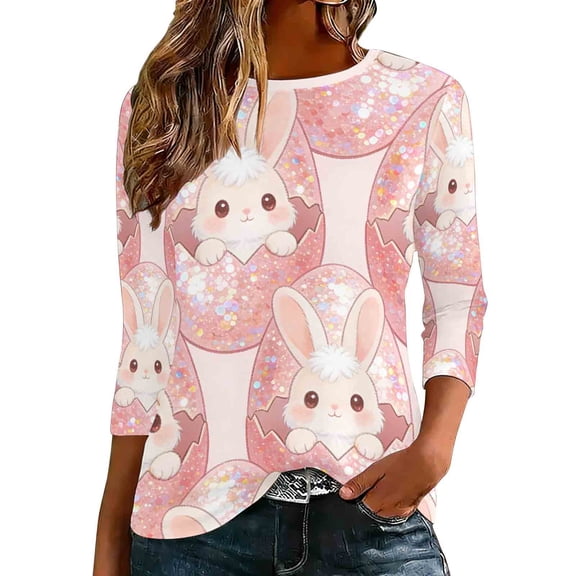 Purcolt Womens Easter Day 3/4 Length Sleeve Shirts Cute Rabbit Crewneck Graphic Tees Casual Loose Tunic Tops