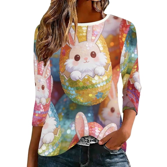 Purcolt Womens Easter Day 3/4 Length Sleeve Shirts Cute Rabbit Crewneck Graphic Tees Casual Loose Tunic Tops