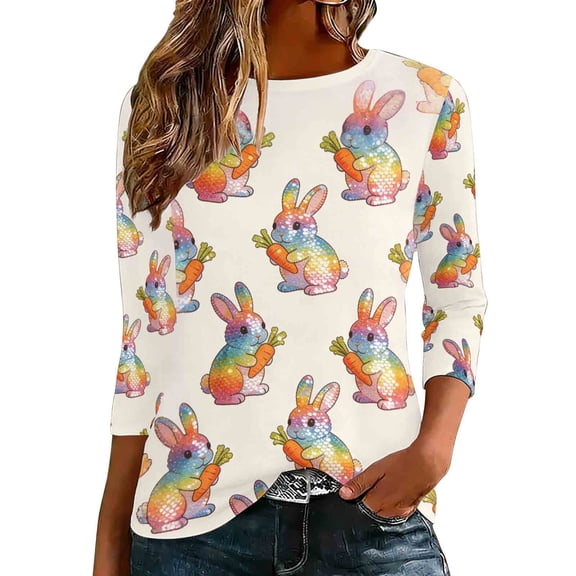Purcolt Womens Easter Day 3/4 Length Sleeve Shirts Cute Rabbit Crewneck Graphic Tees Casual Loose Tunic Tops