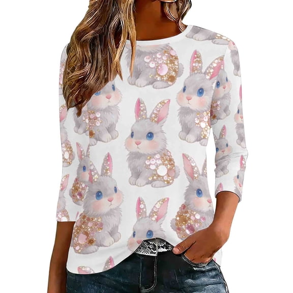Purcolt Womens Easter Day 3/4 Length Sleeve Shirts Cute Rabbit Crewneck Graphic Tees Casual Loose Tunic Tops