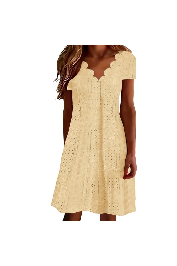 Womens Eyelet Mini Dress Summer Casual Short Sleeve Scalloped V Neck A Line Flowy Short Dresses Beach Vacation Dresses