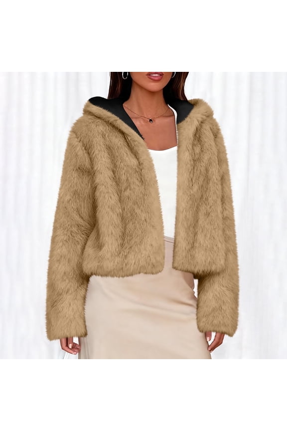 Womens Faux Fur Hooded Jacket Open Front Cropped Cardigan Shaggy Short Coat Winter Outerwear