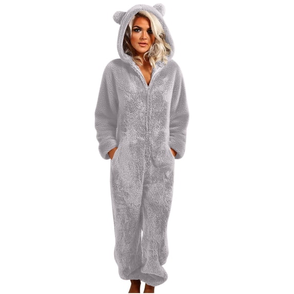 purcolt Womens Flannel Hooded Onesie Jumpsuit with Pockets Winter Warm Adults Pajamas One Piece Zip Up Cute Ear Thermal Romper Bodysuit Loungewear