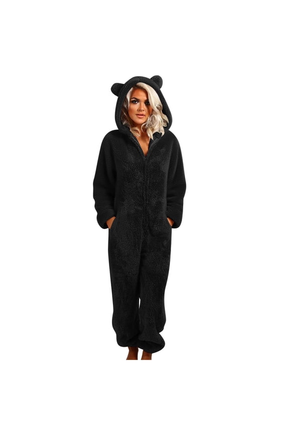 Womens Flannel Hooded Onesie Jumpsuit with Pockets Winter Warm Adults Pajamas One Piece Zip Up Cute Ear Thermal Romper Bodysuit Loungewear