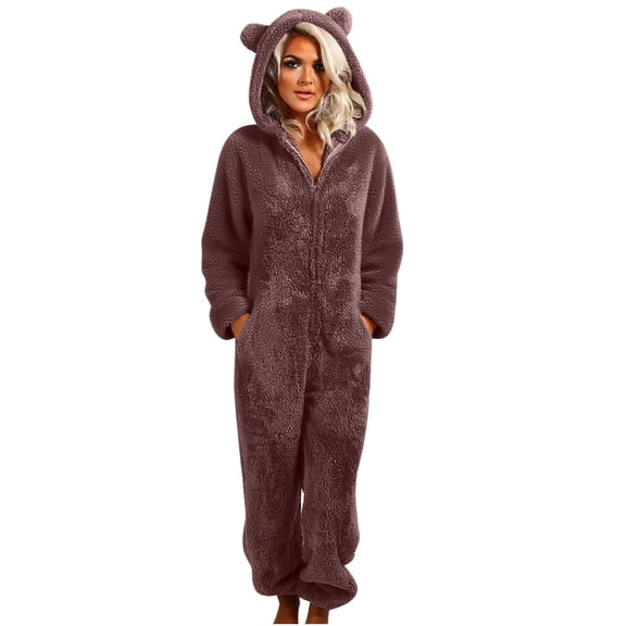 purcolt Womens Flannel Hooded Onesie Jumpsuit with Pockets Winter Warm Adults Pajamas One Piece Zip Up Cute Ear Thermal Romper Bodysuit Loungewear