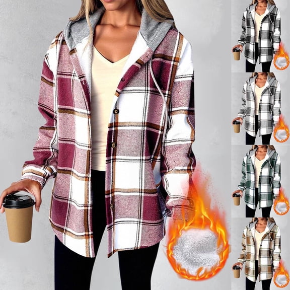 purcolt Womens Flannel Hoodies Drawstring Fleece Sherpa Lined Button Down Plaid Jackets Casual Long Sleeve Coats with Pockets