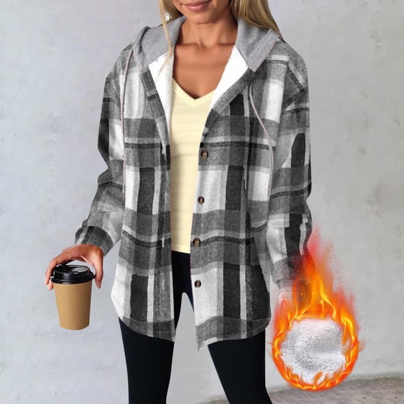 purcolt Womens Flannel Hoodies Drawstring Fleece Sherpa Lined Button Down Plaid Jackets Casual Long Sleeve Coats with Pockets