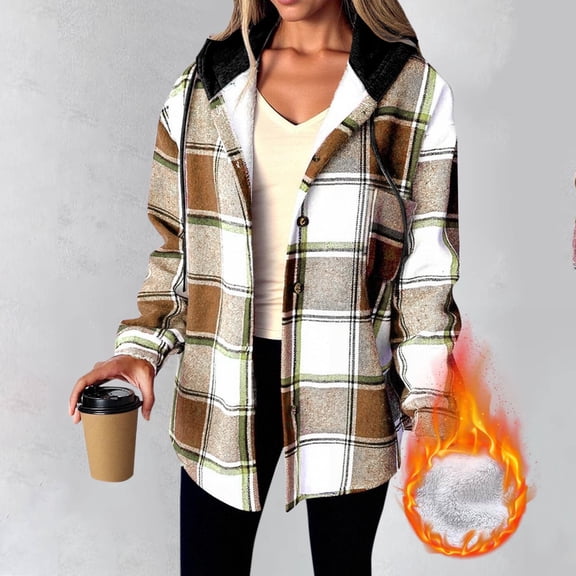 purcolt Womens Flannel Hoodies Drawstring Fleece Sherpa Lined Button Down Plaid Jackets Casual Long Sleeve Coats with Pockets
