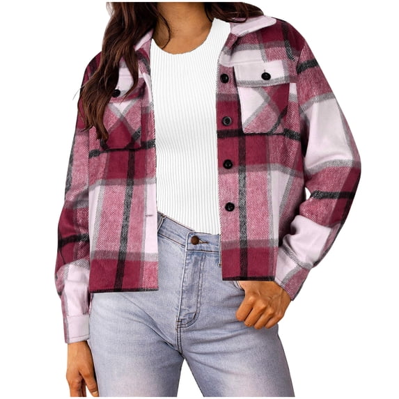 Purcolt Womens Flannels Fall Cropped Shacket Jacket Long Sleeve Button Down Lapel Plaid Jacket Color Block Casual Coat with Pockets