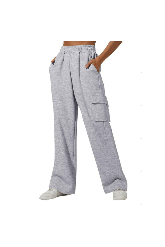 Womens Fleece Cargo Sweatpants Elastic High Waisted Drawstring Wide Leg Joggers Pants Casual Soft Workout Baggy Sweat Pants with Pockets