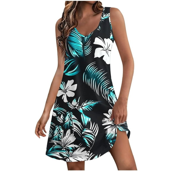 purcolt Womens Floral Boho Tank Dress Summer Casual Sleeveless V Neck Swing Mini Dress Beach Vacation Sundresses Swimsuit Coverups