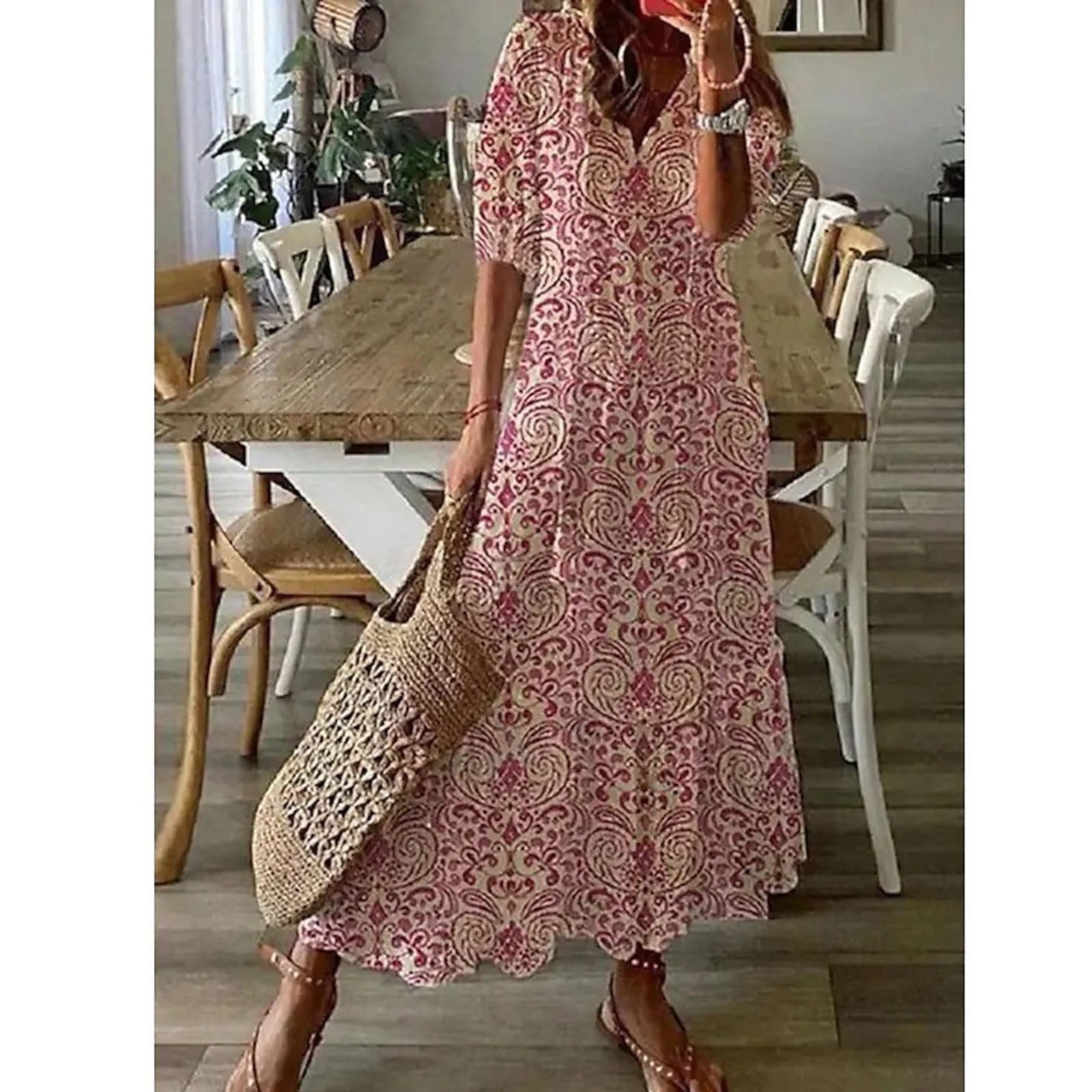 purcolt Womens Floral Print Maxi Boho Dress Short Sleeve Drawstring ...