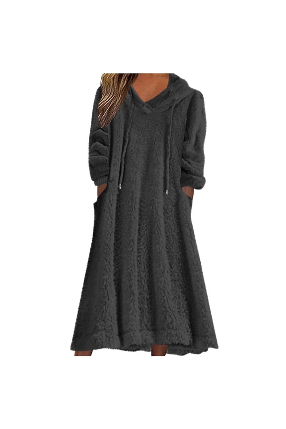 Womens Fuzzy Fleece Hooded Long Dress Fall Winter Thickened Sherpa Plush House Coat Loose Fit Pajama Dress Cozy Nightgown with Pockets