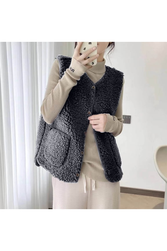 Womens Fuzzy Fleece Vest, Casual Cozy Warm Sleeveless Cardigan Lightweight Sherpa Vest Jacket Waistcoat Outerwear with Pockets
