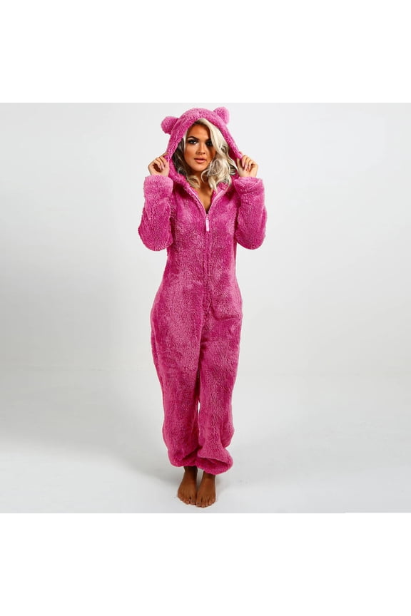 Womens Fuzzy Onesie Pajamas Zipper Hooded Plush Loungewear Comfy Warm Fleece Sleepwear