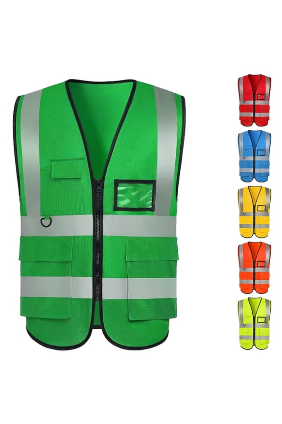 Womens High Visibility Reflective Safety Vest V Neck Zipper Workwear Waistcoat with with ID Pocket Green Free Size