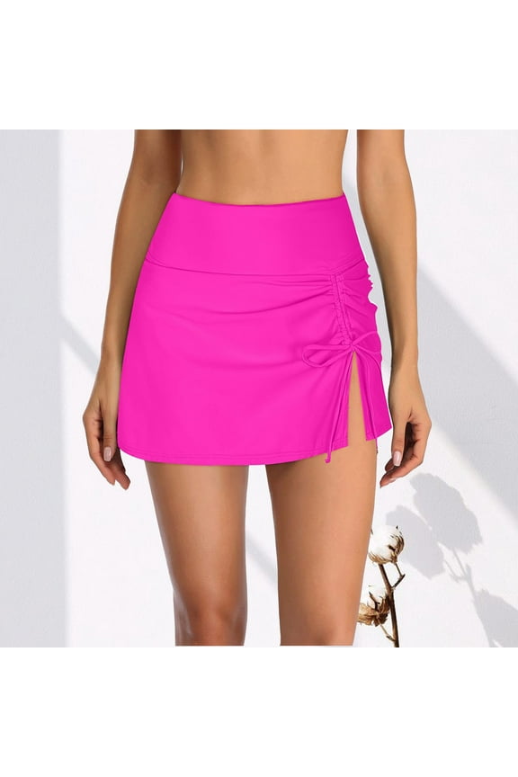 Womens High Waisted Side Split Swim Skirt Sporty Drawstring Skirted Swim Bottom Tummy Control Swim Skort